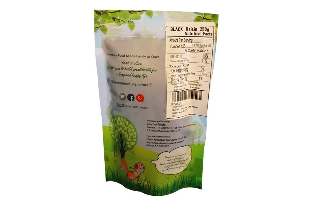 Food to Live Dried Black Raisins    Pack  250 grams